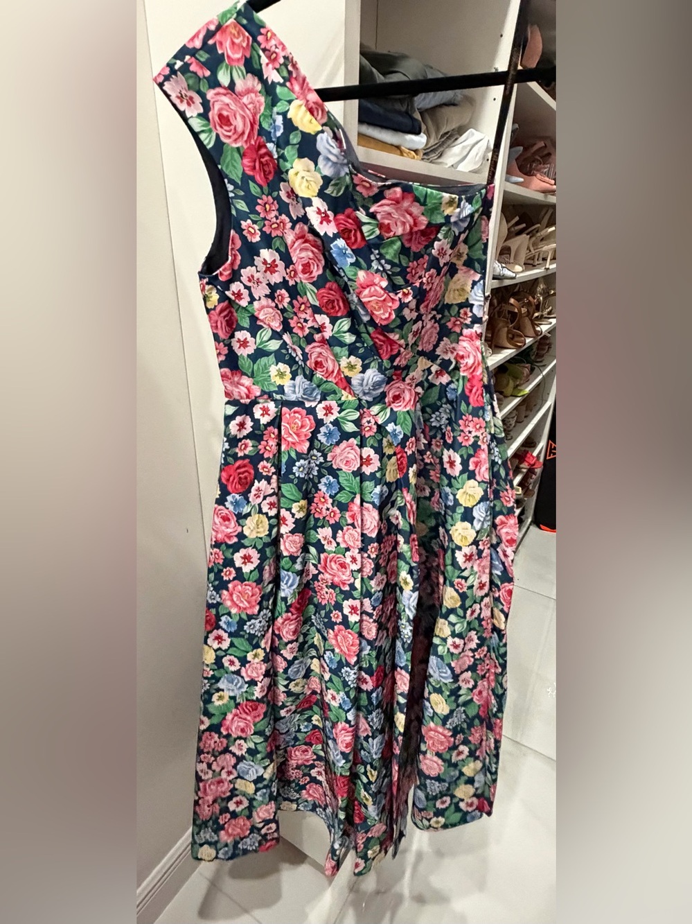 Shoshanna Navy Lined Floral Dress with Pink Accent